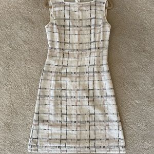 Lafayette 148 white cotton/linen blend tailored shift dress w plaid stitching